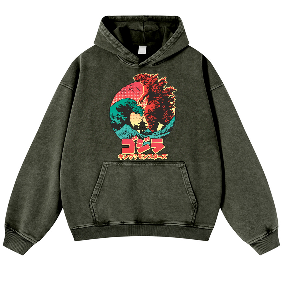 Kaiju Wave Vintage Washed Thick Cotton Hoodie
