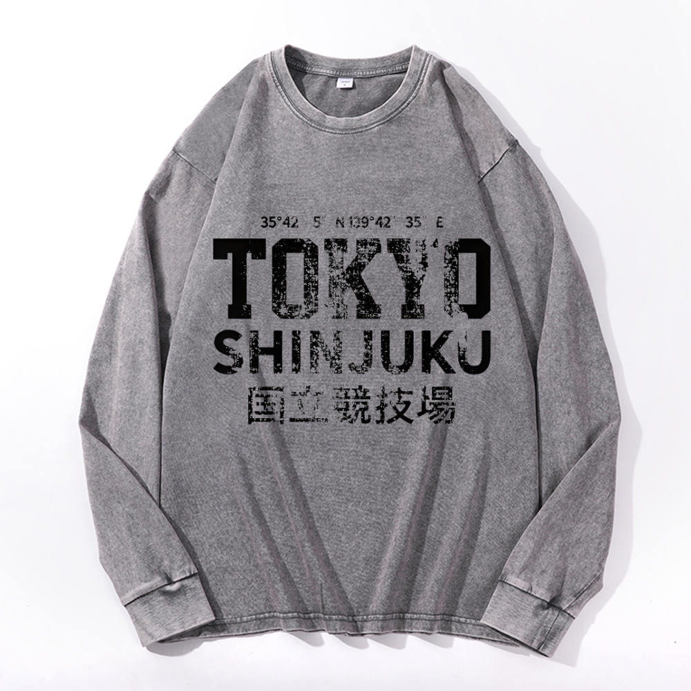 Tokyo Shinjuku Vintage Cotton Wash Crewneck Long-Sleeve T-Shirt