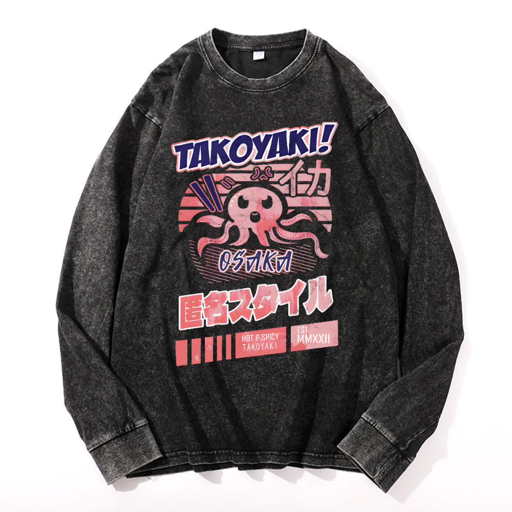 Takoyaki Octpous Vintage Cotton Wash Crewneck Long-Sleeve T-Shirt
