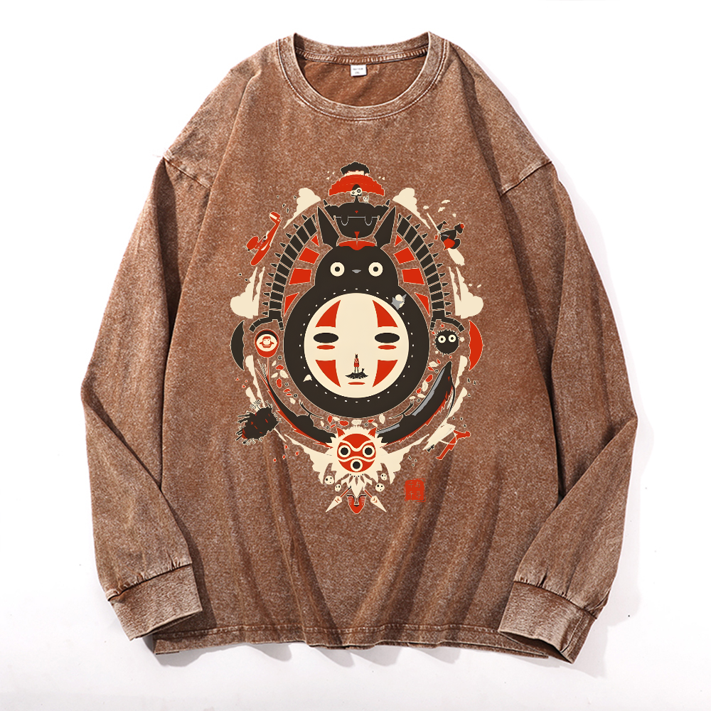 Ghibli Totoro No Face Kaonashi Vintage Cotton Wash Long-sleeve T-shirt