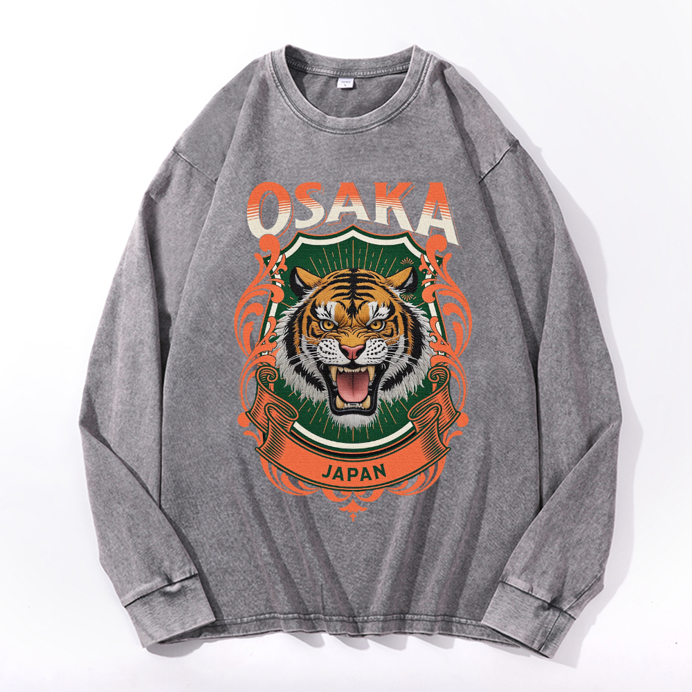 Osaka Tiger Vintage Cotton Wash Crewneck Long-Sleeve T-Shirt