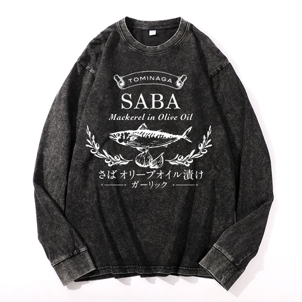 Mackerel Fish Vintage Cotton Wash Crewneck Long-Sleeve T-Shirt