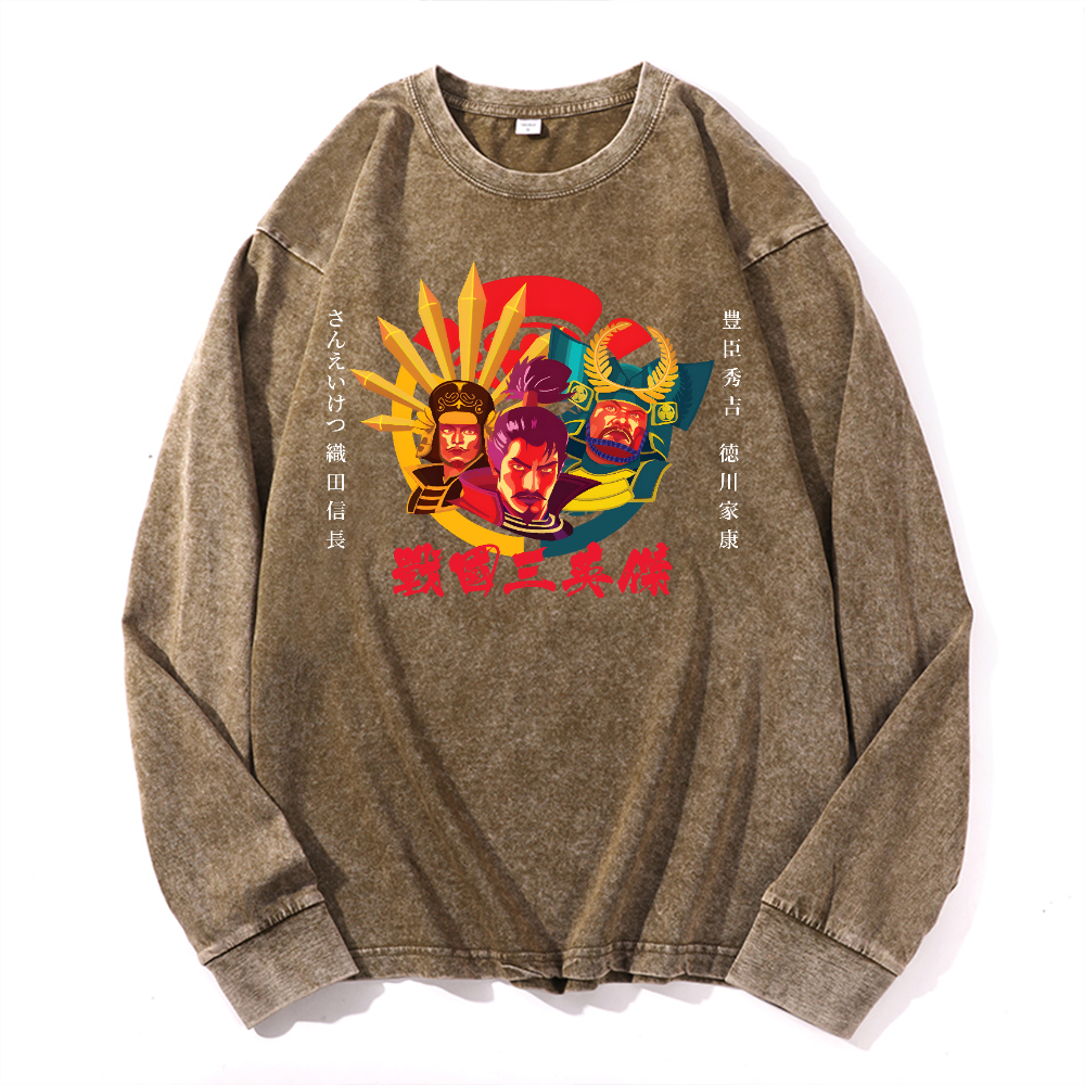 Oda Nobunaga Toyotomi Hideyoshi Tokugawa Ieyasu Vintage Cotton Wash Crewneck Long-Sleeve T-Shirt