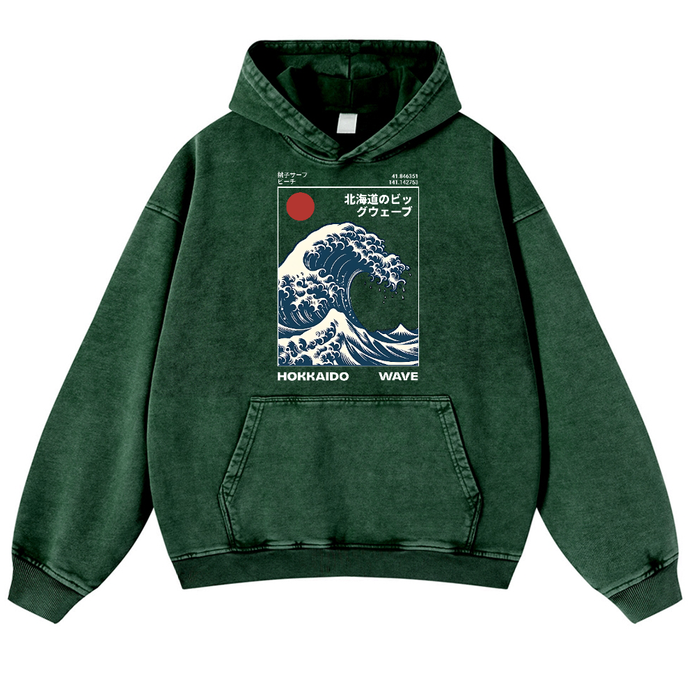 Hokkaido The Great Wave off Kanagawa Ukiyoe Vintage Washed Thick Cotton Hoodie