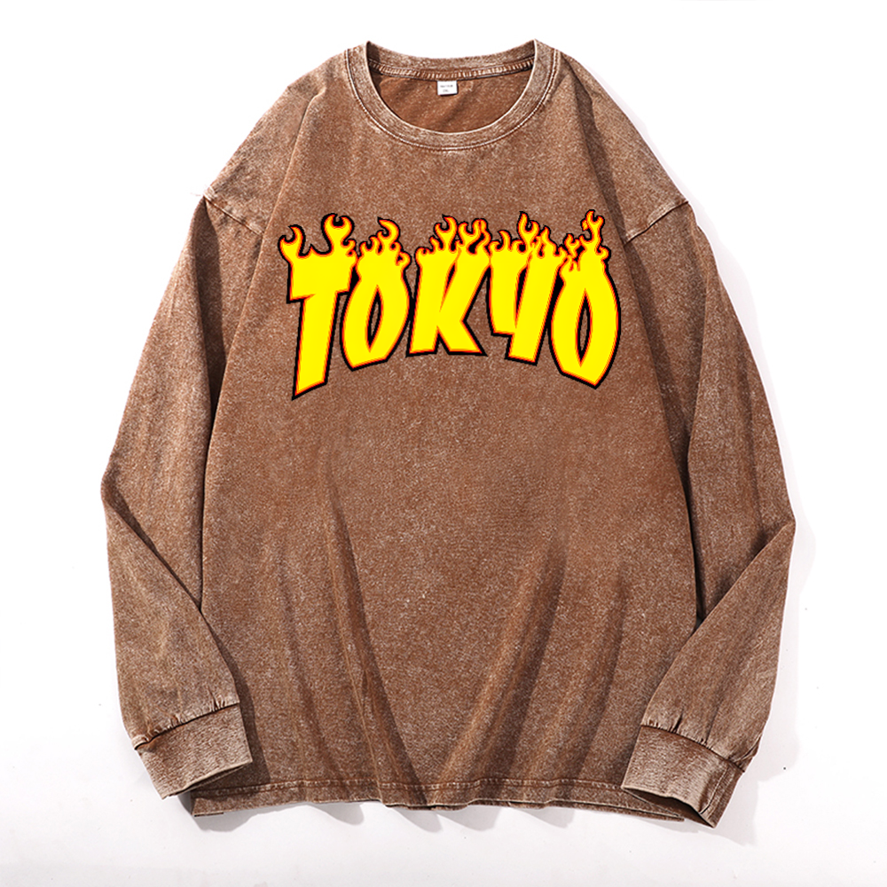Tokyo Vintage Cotton Wash Crewneck Long-Sleeve T-Shirt
