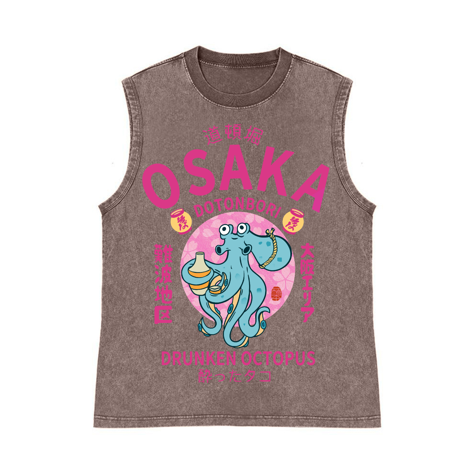 Osaka Dotonbori Drunken Octopus Pure Cotton Wash-Dyed Sleeveless Tank Top