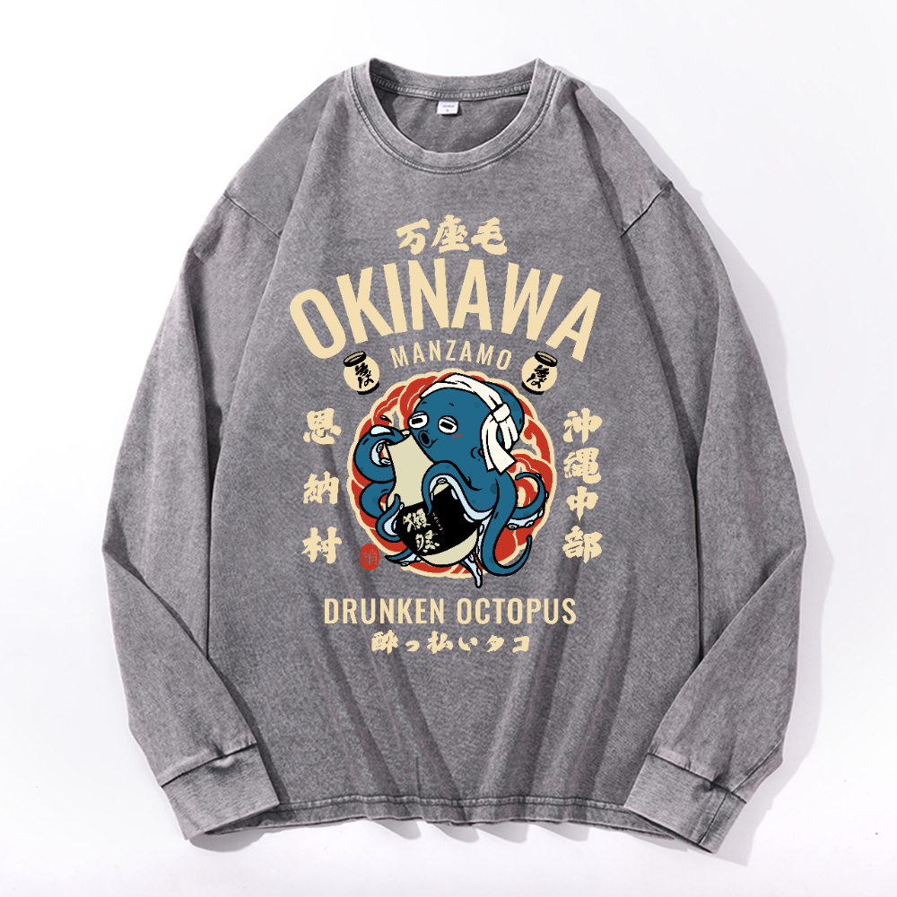 Okinawa Manzamo Drunken Octopus Vintage Cotton Wash Crewneck Long-Sleeve T-Shirt