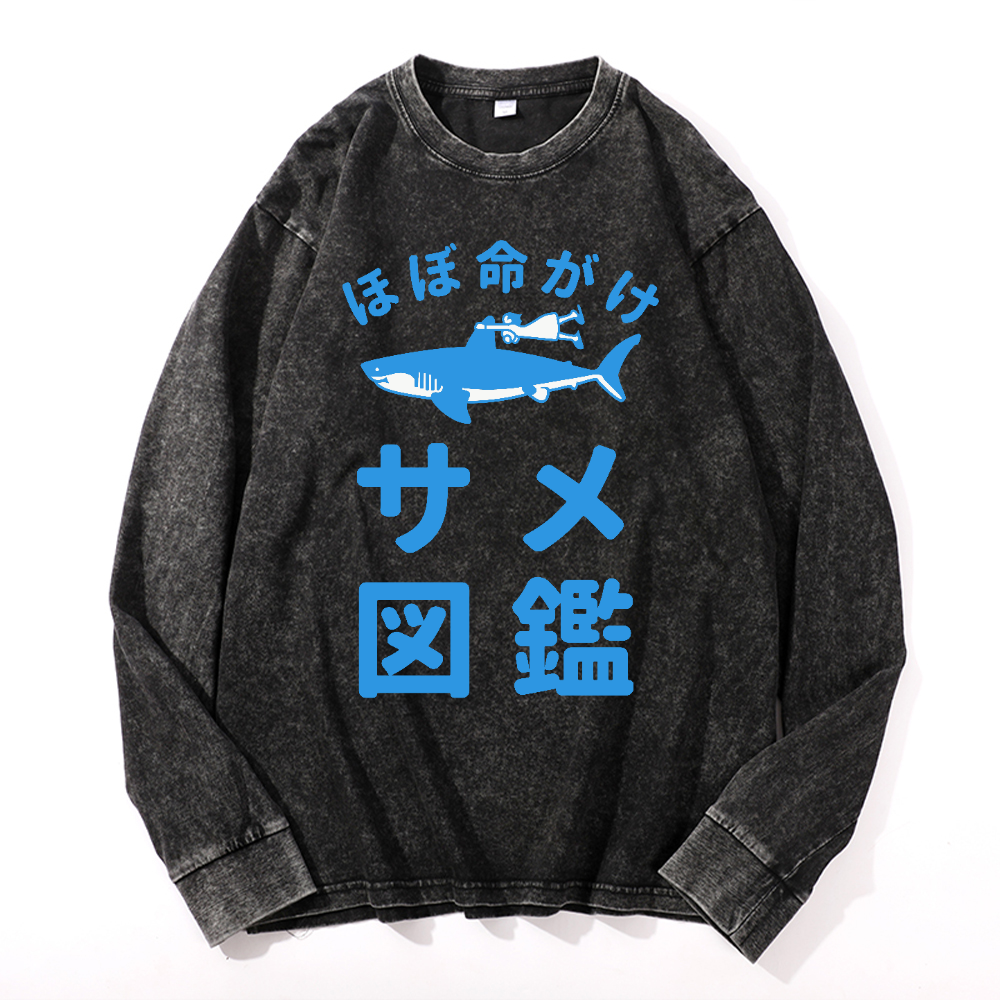 Shark Girl Vintage Cotton Wash Crewneck Long-Sleeve T-Shirt