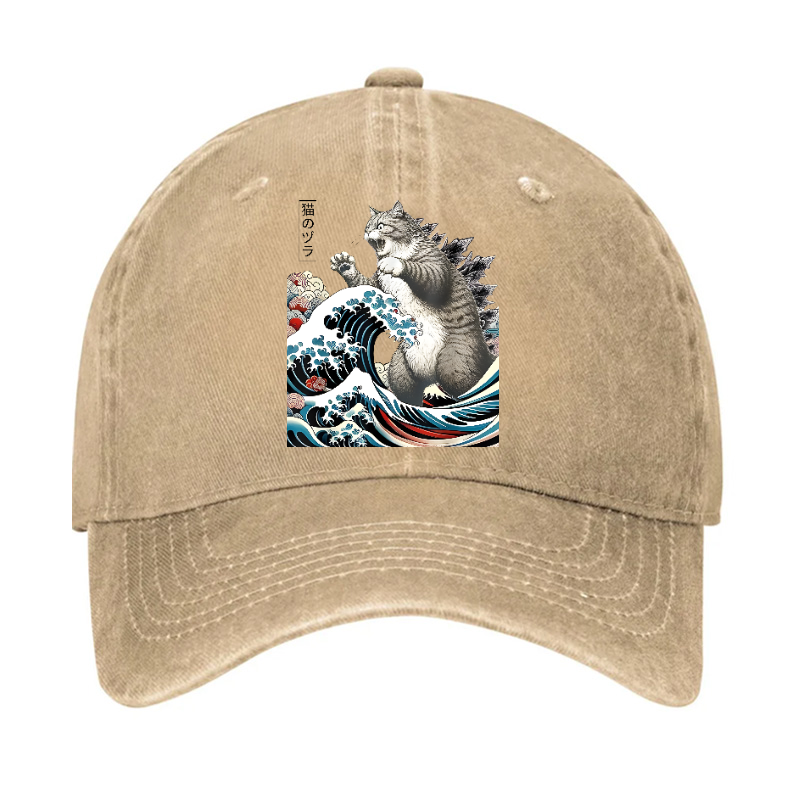 Cat Kaiju Ukiyoe Great Wave Vintage Cotton Hat