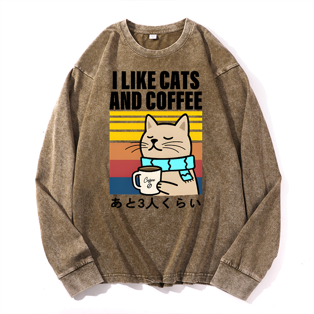 Cat Coffee Vintage Cotton Wash Long-sleeve T-shirt