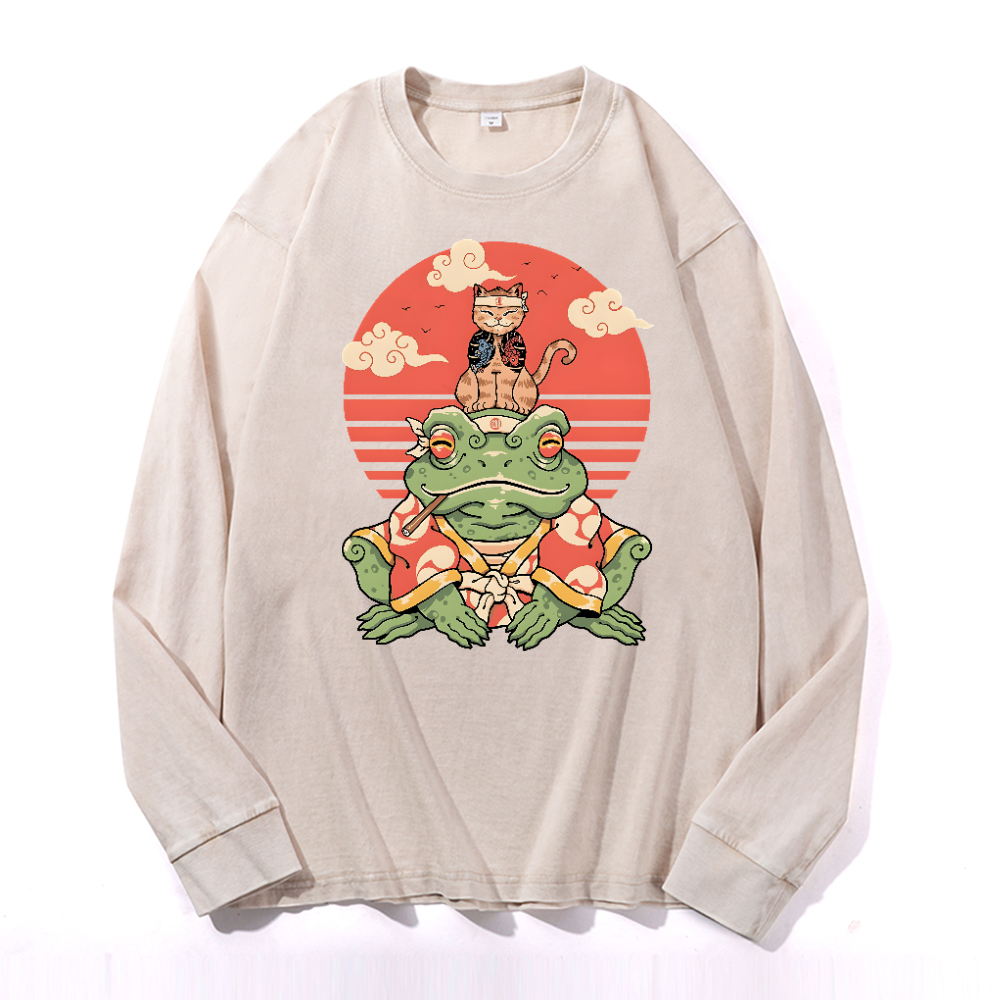 Cat Vintage Cotton Wash Crewneck Long-Sleeve T-Shirt