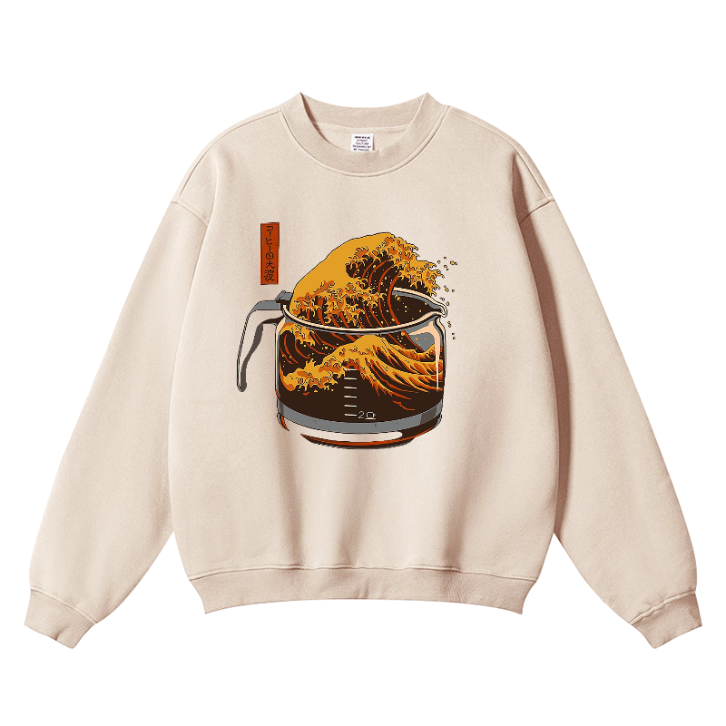 Coffee Great Wave Vintage Cotton Blend Crewneck Sweatshirt
