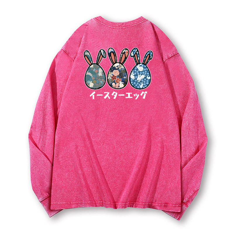 Rabbit Easter Eggs Vintage Washed Cotton Back Art Long-sleeve T-shirt