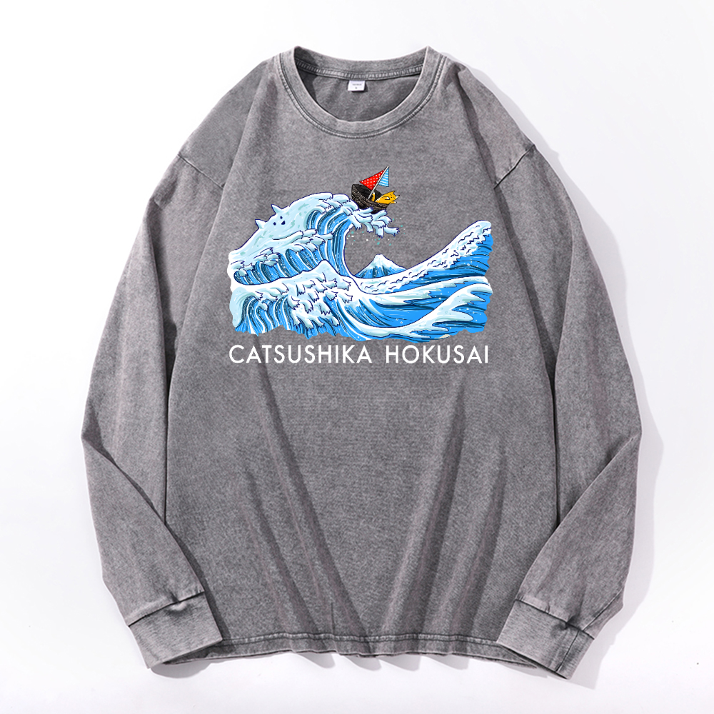 Cat Wave Vintage Cotton Wash Crewneck Long-Sleeve T-Shirt