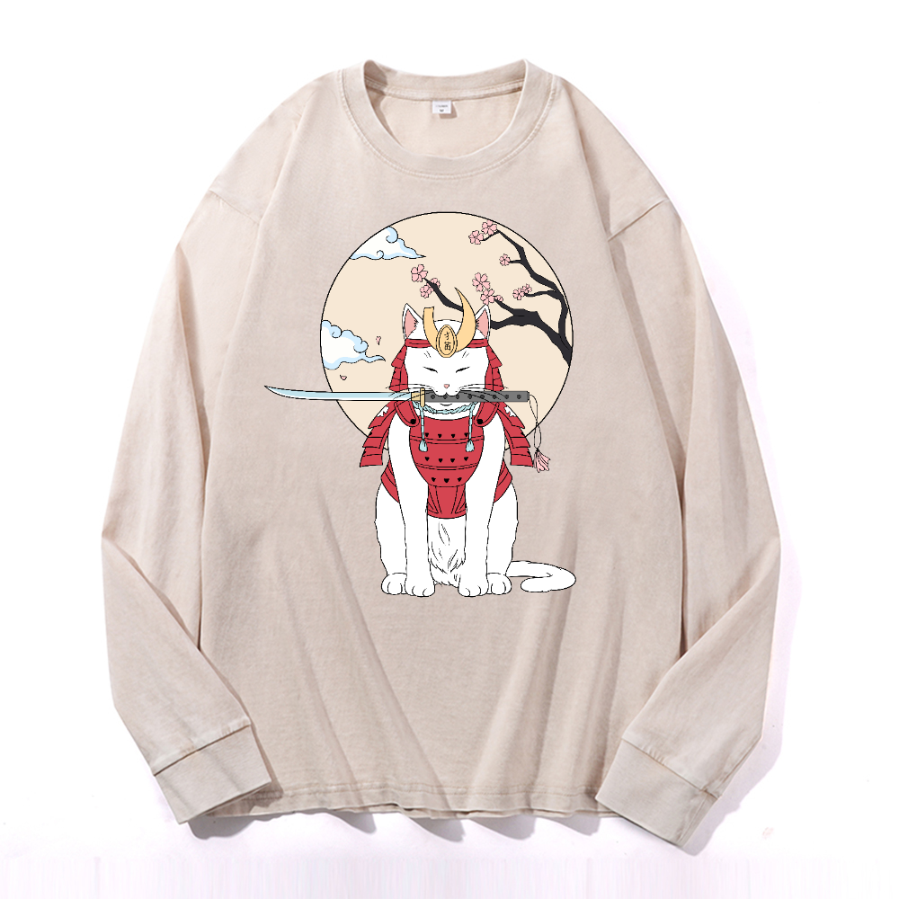 Samurai Cat Vintage Cotton Wash Crewneck Long-Sleeve T-Shirt
