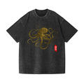 Octopus Calligraphy Vintage Wash Japanese Design T-Shirt