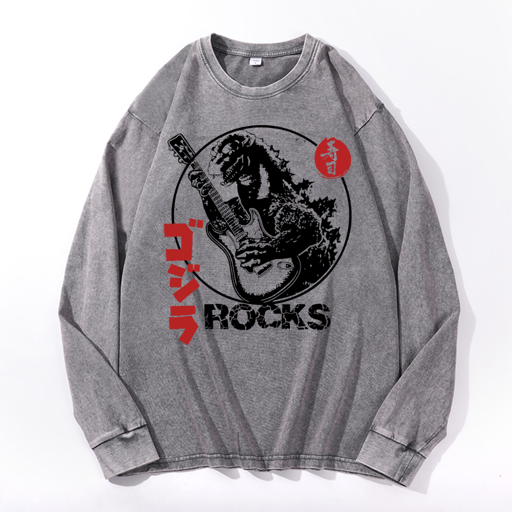 Rock Kaiju Vintage Cotton Wash Crewneck Long-Sleeve T-Shirt