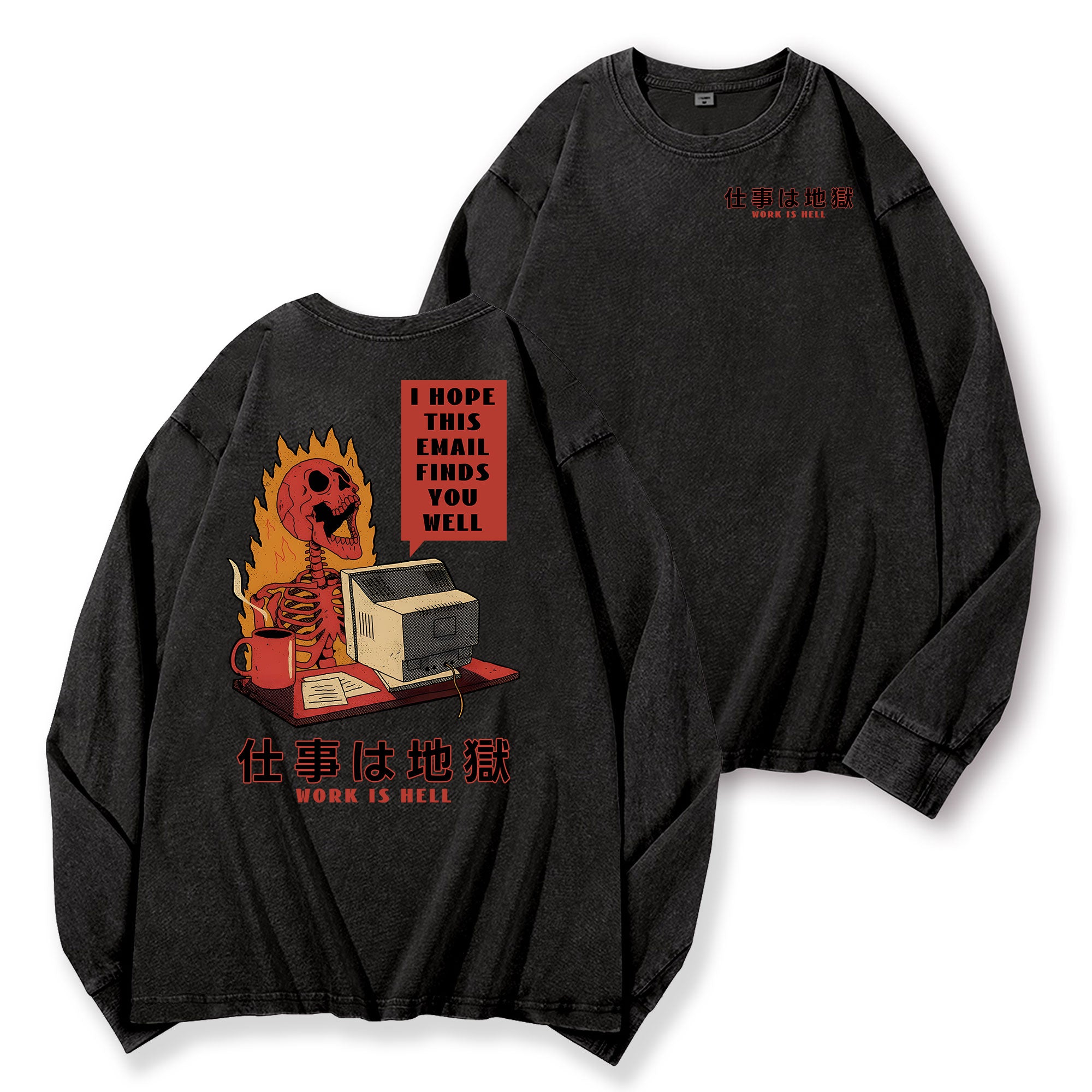 Skull Work Is Hell Vintage Washed Cotton Back Art Long-sleeve T-shirt