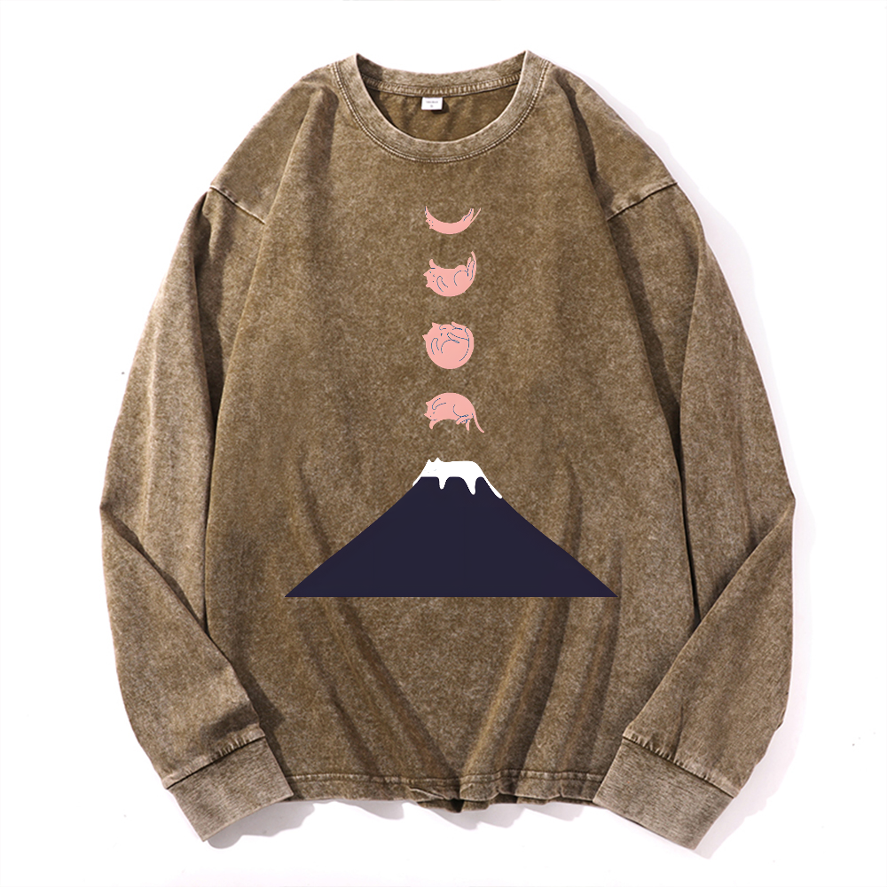 Fuji Cat Vintage Cotton Wash Crewneck Long-Sleeve T-Shirt
