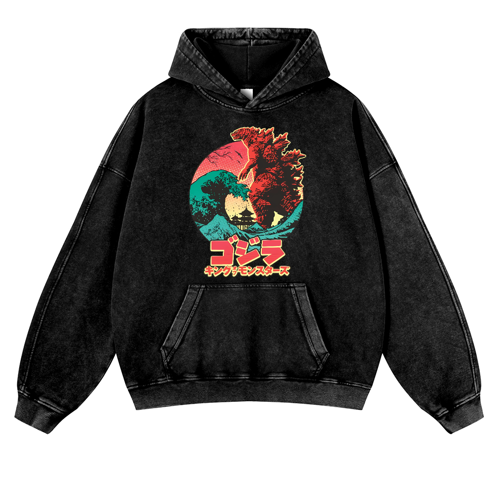 Kaiju Wave Vintage Washed Thick Cotton Hoodie