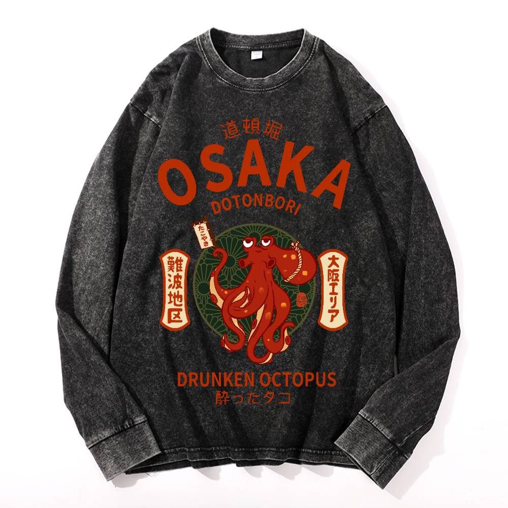 Osaka Dotonbori Drunken Octopus Vintage Cotton Wash Crewneck Long-Sleeve T-Shirt