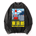 Tokyo Tower Vintage Cotton Wash Crewneck Long-Sleeve T-Shirt