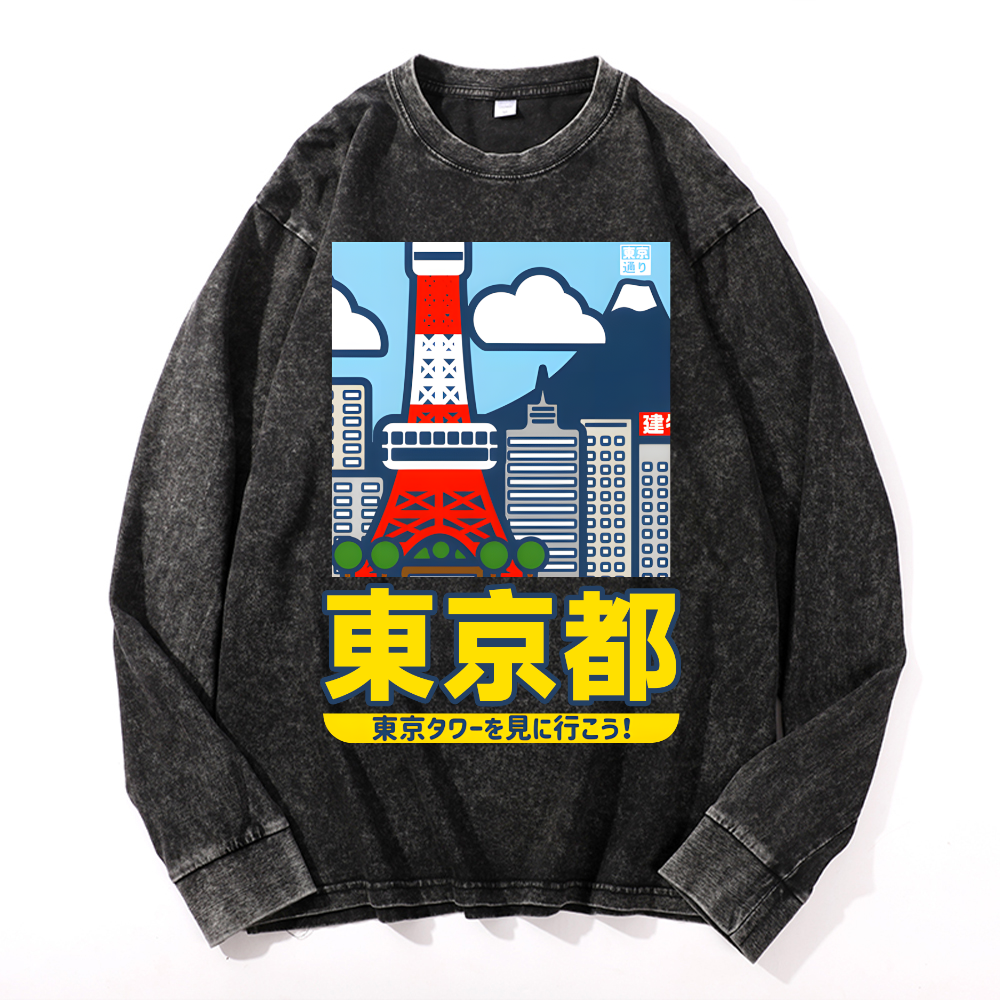 Tokyo Tower Vintage Cotton Wash Crewneck Long-Sleeve T-Shirt