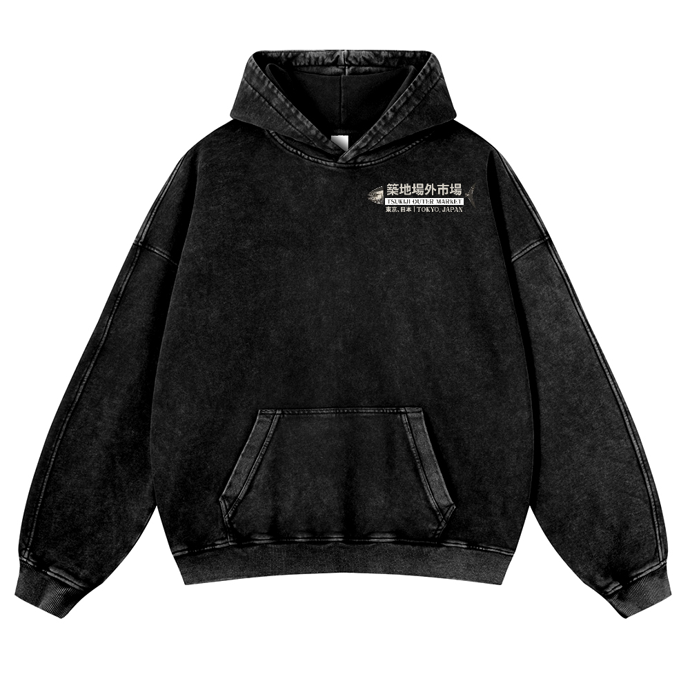 Tsukiji Market Tuna Fish Vintage Washed Cotton Back Art Hoodie