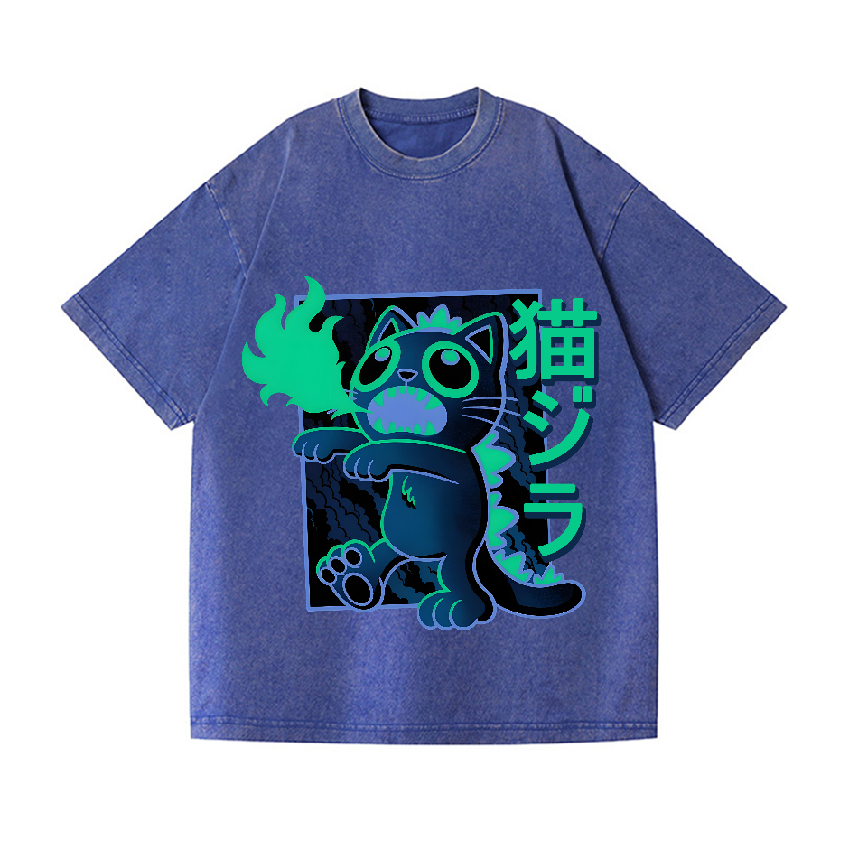 Cat Kaiju Vintage Wash Japanese Design T-Shirt