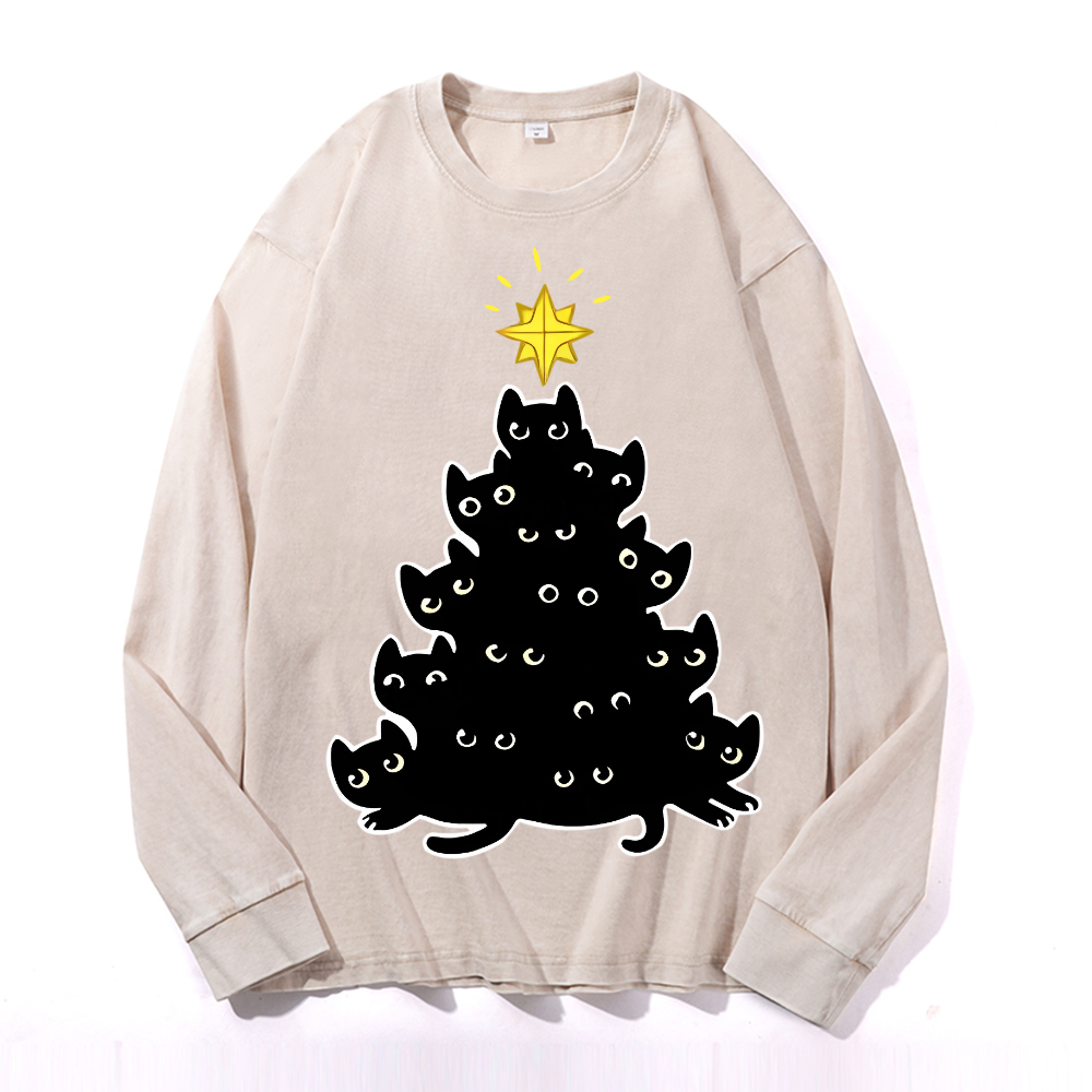 Cat Vintage Cotton Wash Crewneck Long-Sleeve T-Shirt