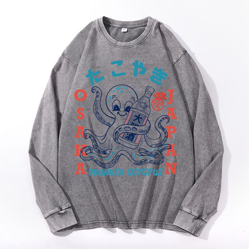 Drunken Octopus Vintage Cotton Wash Crewneck Long-Sleeve T-Shirt
