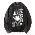 Kyoto Kitsune Vintage Cotton Wash Crewneck Long-Sleeve T-Shirt