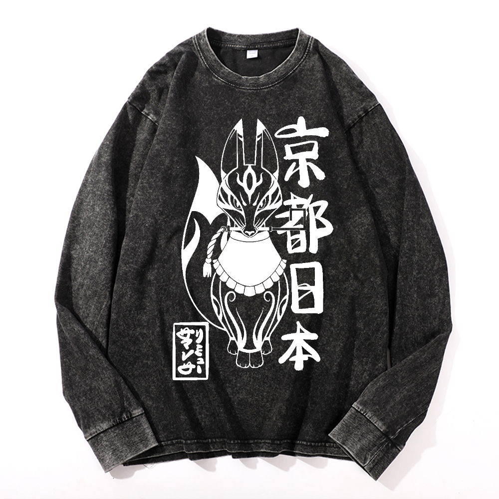Kyoto Kitsune Vintage Cotton Wash Crewneck Long-Sleeve T-Shirt