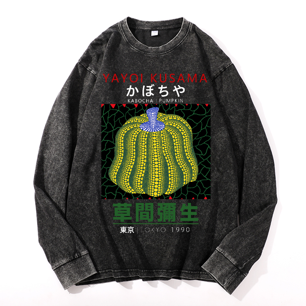 Yayoi Kusama Pumpkin Vintage Cotton Wash Crewneck Long-Sleeve T-Shirt