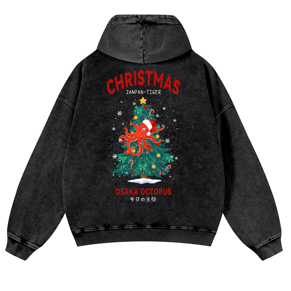 Christmas Osaka Octopus Vintage Washed Cotton Back Art Hoodie