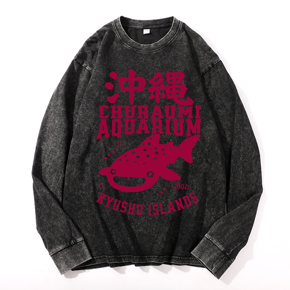 Okinawa Churaumi Aquarium Kyushu Islands Vintage Cotton Wash Crewneck Long-Sleeve T-Shirt