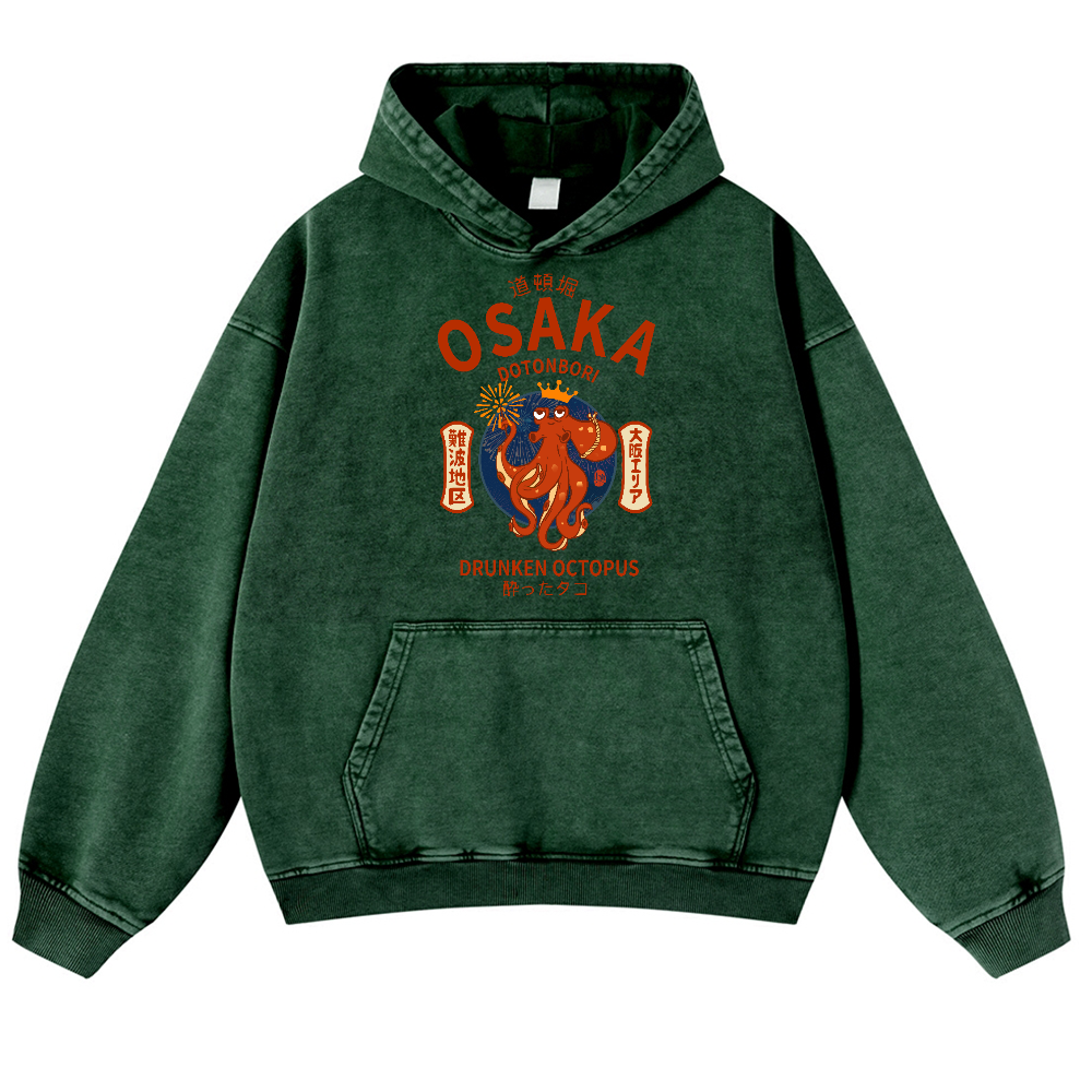 Osaka Dotonbori Drunken Octopus Vintage Washed Thick Cotton Hoodie