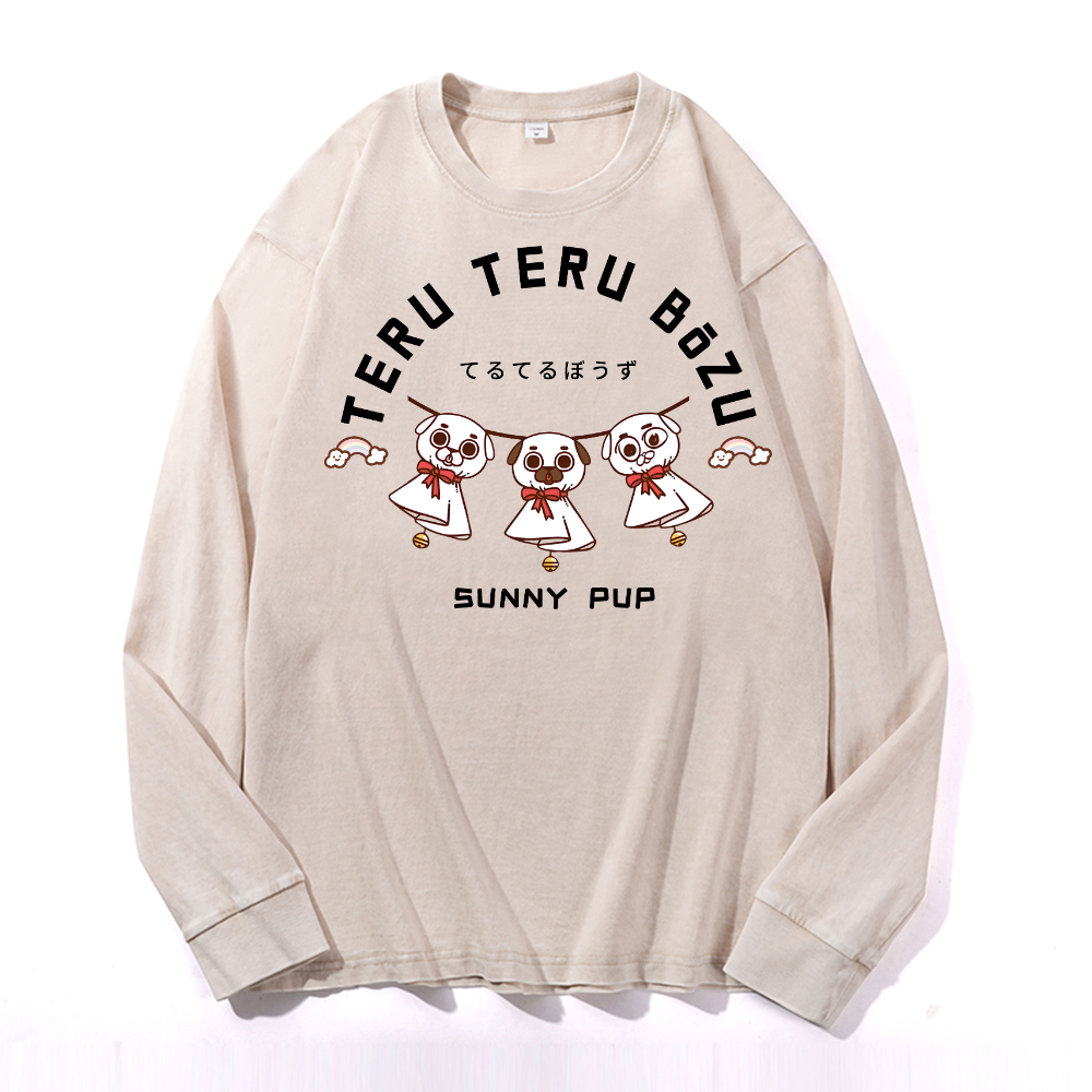 Teru Doll Dog Sunny Pup Vintage Cotton Wash Crewneck Long-Sleeve T-Shirt