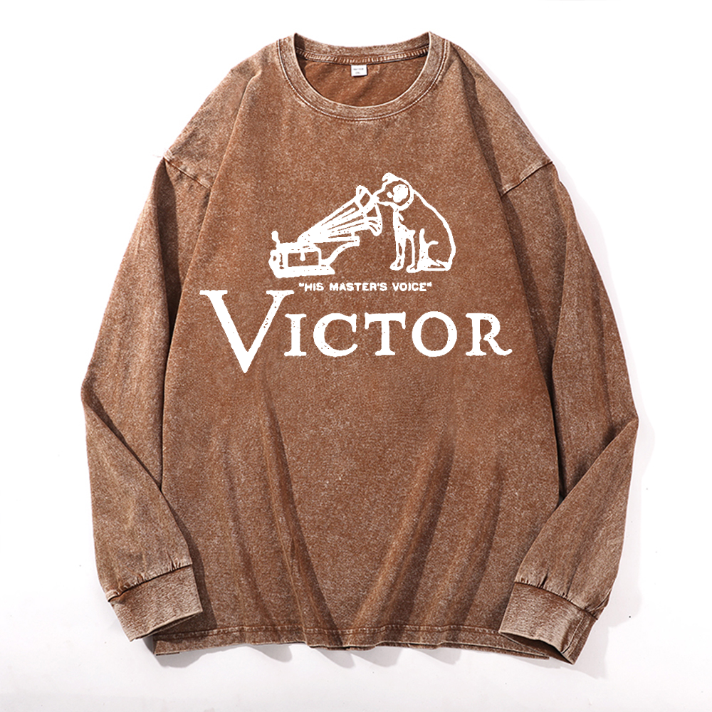 JVC Victor Dog Vintage Cotton Wash Crewneck Long-Sleeve T-Shirt