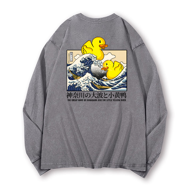 Great Wave Kanagawa Duck Vintage Washed Cotton Back Art Long-sleeve T-shirt