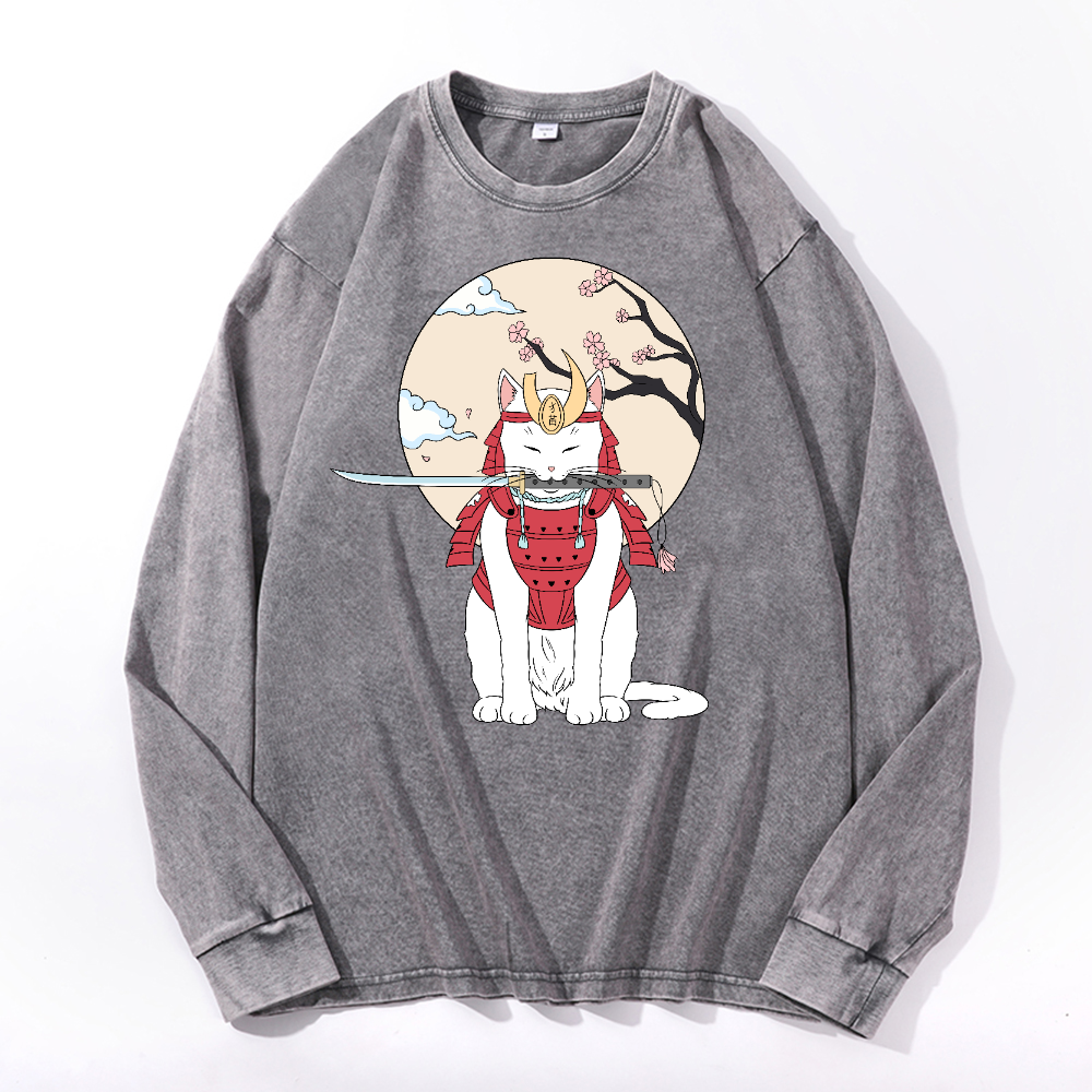 Samurai Cat Vintage Cotton Wash Crewneck Long-Sleeve T-Shirt