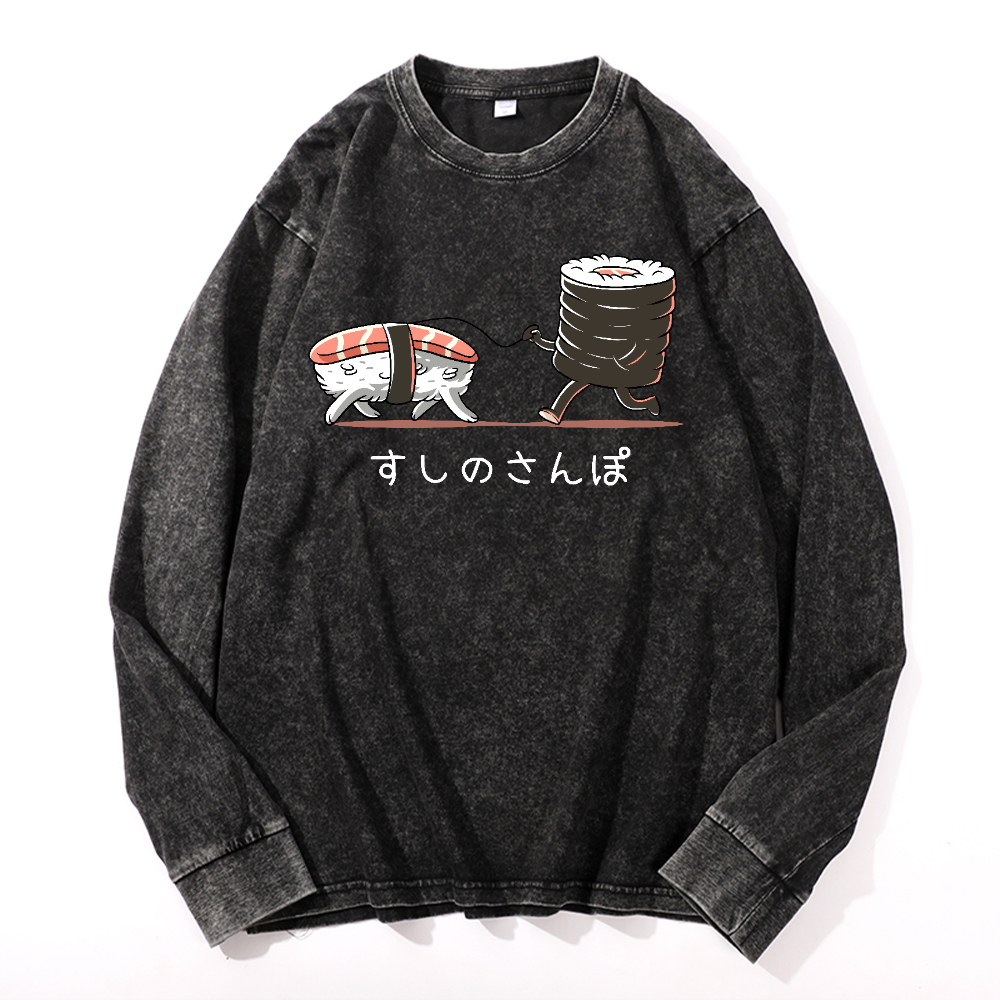 Sushi Vintage Cotton Wash Crewneck Long-Sleeve T-Shirt