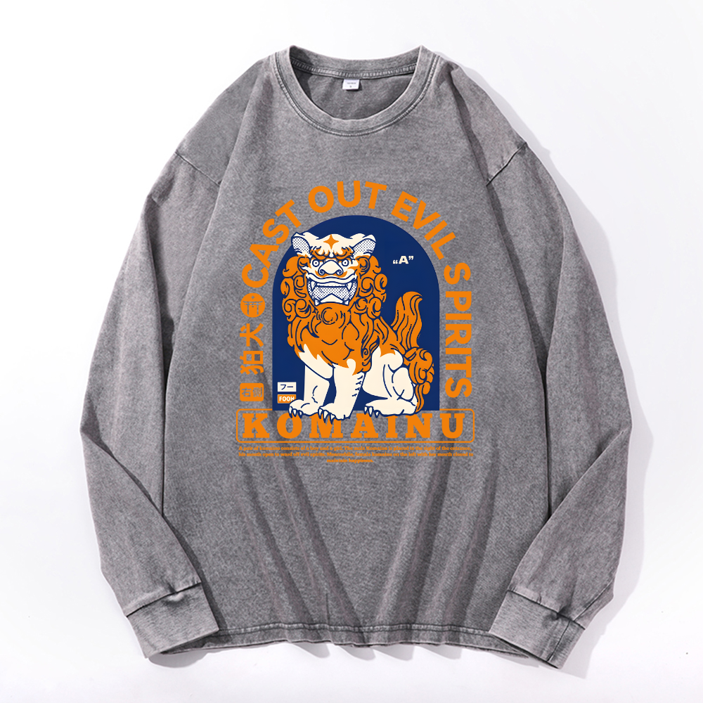 Komainu Vintage Cotton Wash Crewneck Long-Sleeve T-Shirt