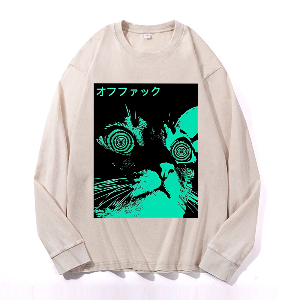 Enigmatic Cat Eyes Vintage Cotton Wash Crewneck Long-Sleeve T-Shirt