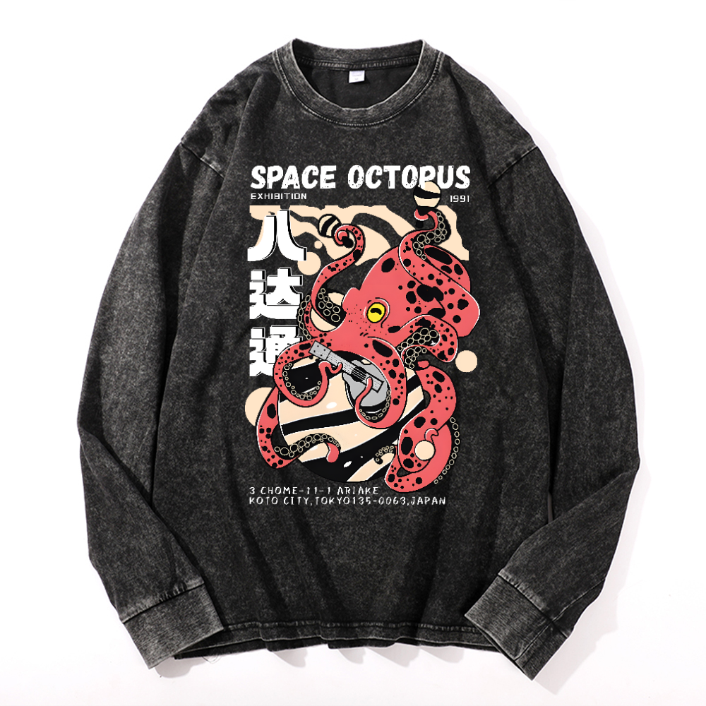 Space Octopus Vintage Cotton Wash Crewneck Long-Sleeve T-Shirt