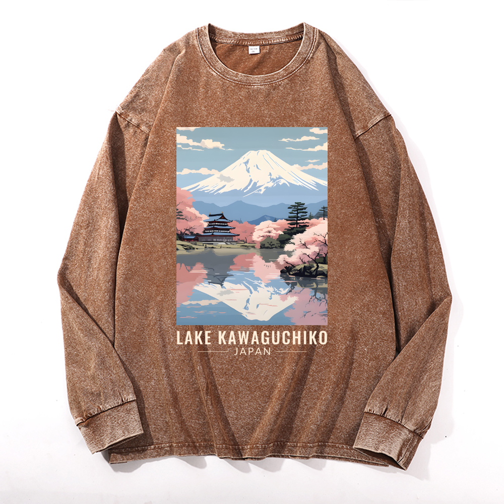 Lake Kawaguchiko Vintage Cotton Wash Crewneck Long-Sleeve T-Shirt