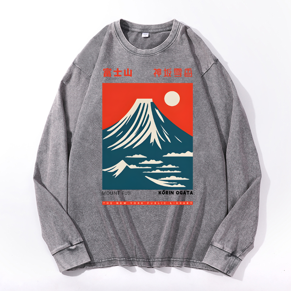 Mount Fuji Vintage Cotton Wash Crewneck Long-Sleeve T-Shirt