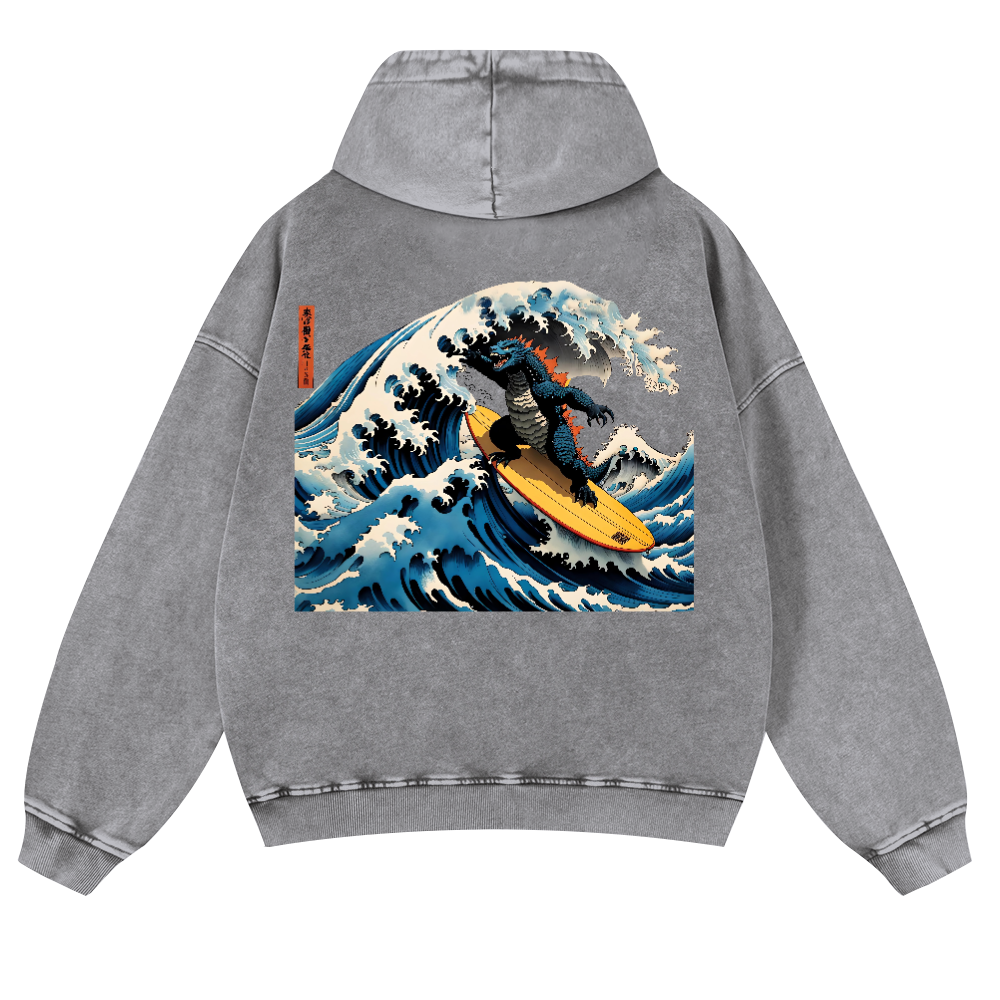Kaiju Ukiyoe Wave Vintage Washed Cotton Back Art Hoodie
