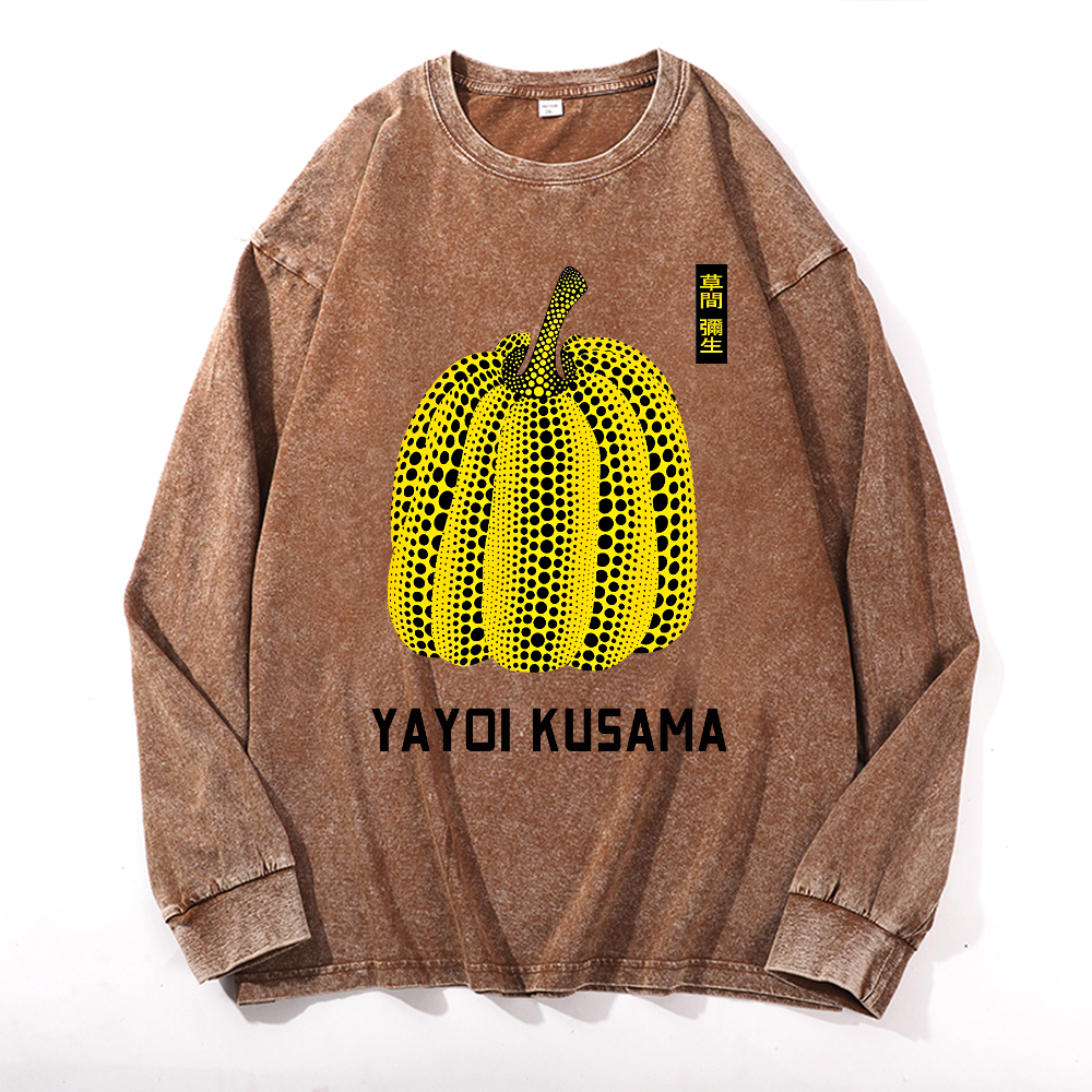 Yayoi Kusama Pumpkin Vintage Cotton Wash Crewneck Long-Sleeve T-Shirt