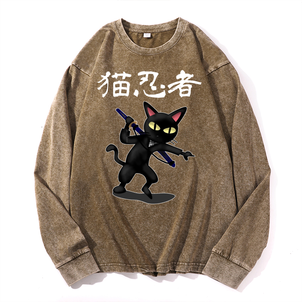 Cat Ninja Vintage Cotton Wash Crewneck Long-Sleeve T-Shirt